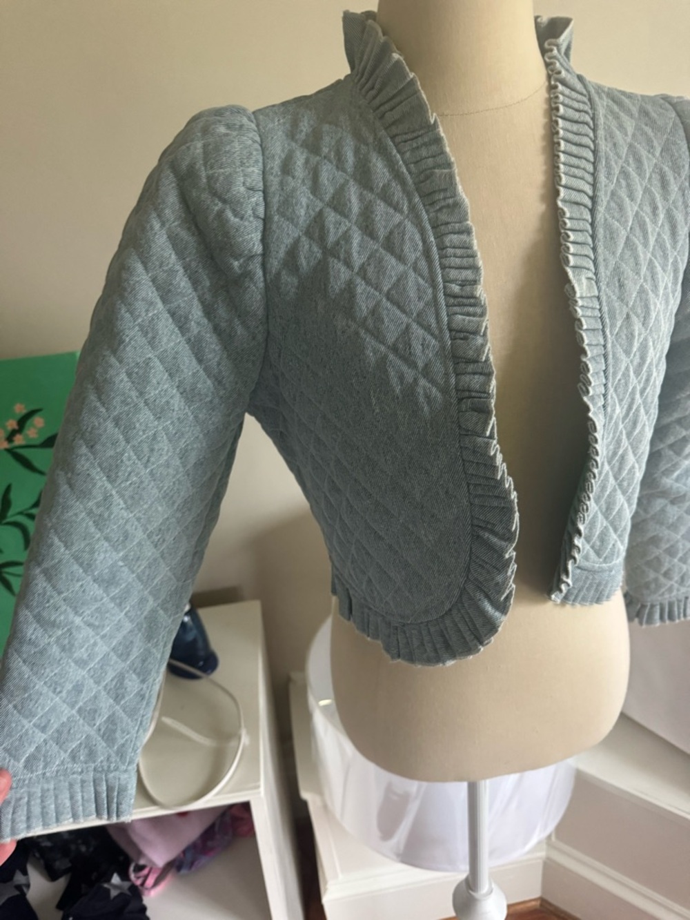 Love the Label Quilted Cropped Ruffle-Trim Blazer in Light Denim - Picture 3 of 7